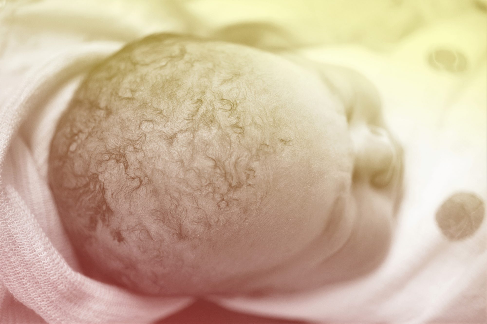 Close up of newborn baby girl wrapped in blanket asleep