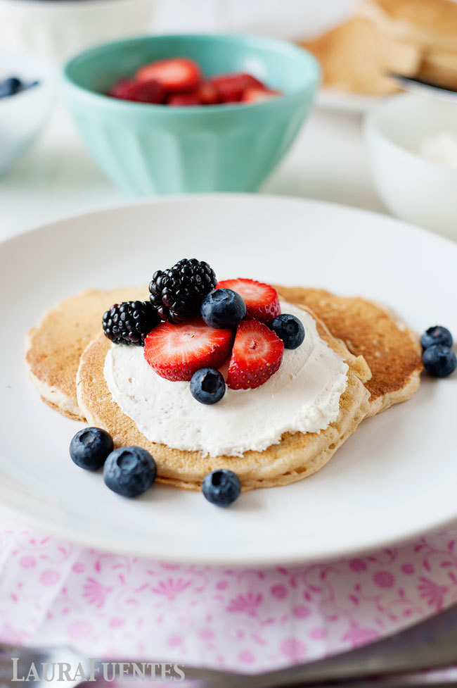 fresh berries, cream cheese, and fluffy pancakes make this a delicious breakfast option!