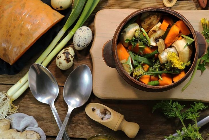 Fresh spring meal of vegetables and herbs